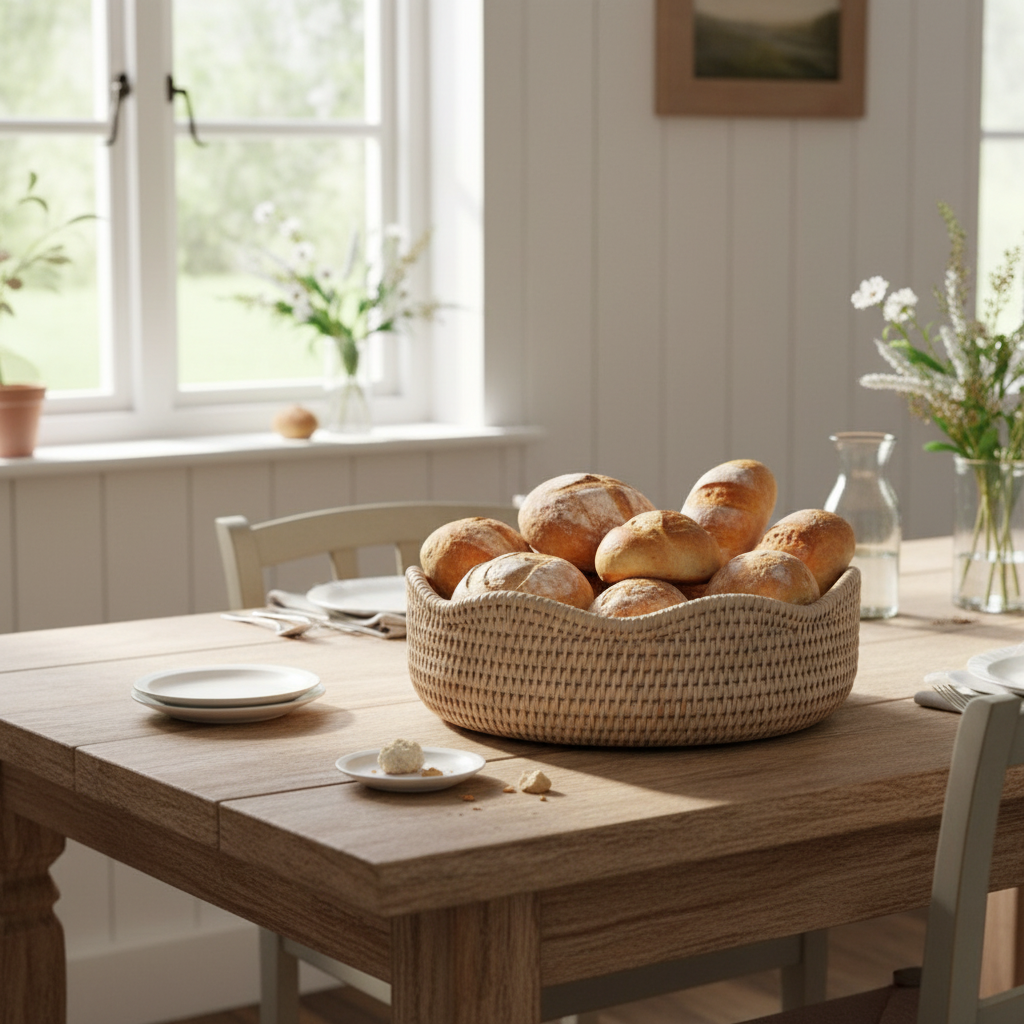 Round rattan basket with scalloped edges from Sable Homeware, showcasing its woven texture and decorative design.