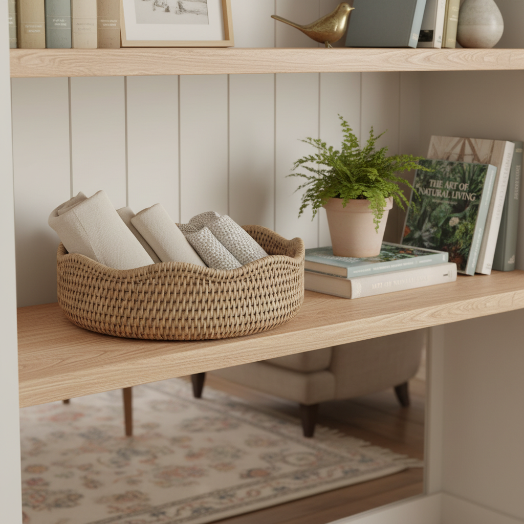 Round scalloped rattan basket by Sable Homeware with a woven design, suitable for storage or decorative use.