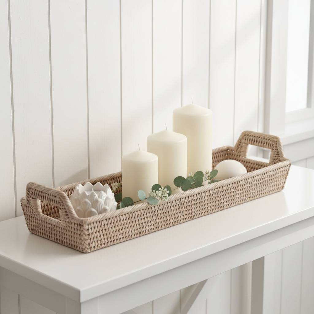 Shabbyquins rattan narrow display tray basket with woven design, ideal for organizing and showcasing items.