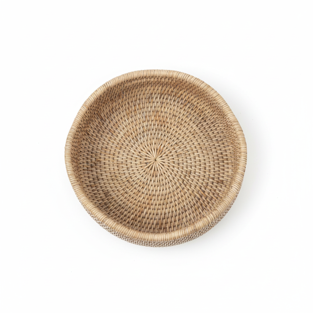 Scalloped round rattan basket by Sable Homeware in three sizes, featuring a woven rattan design and scalloped edges.