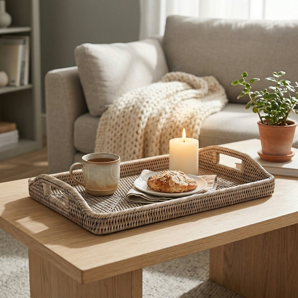 Grey rattan oblong morning tray from Sable Homeware, featuring a woven design and handles for serving or decor.