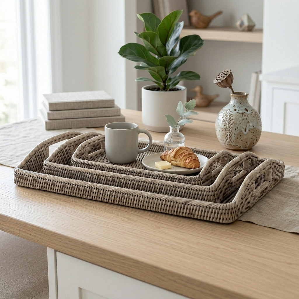Grey rattan oblong morning tray by Sable Homeware, featuring a stylish and functional homeware piece for serving and decor.