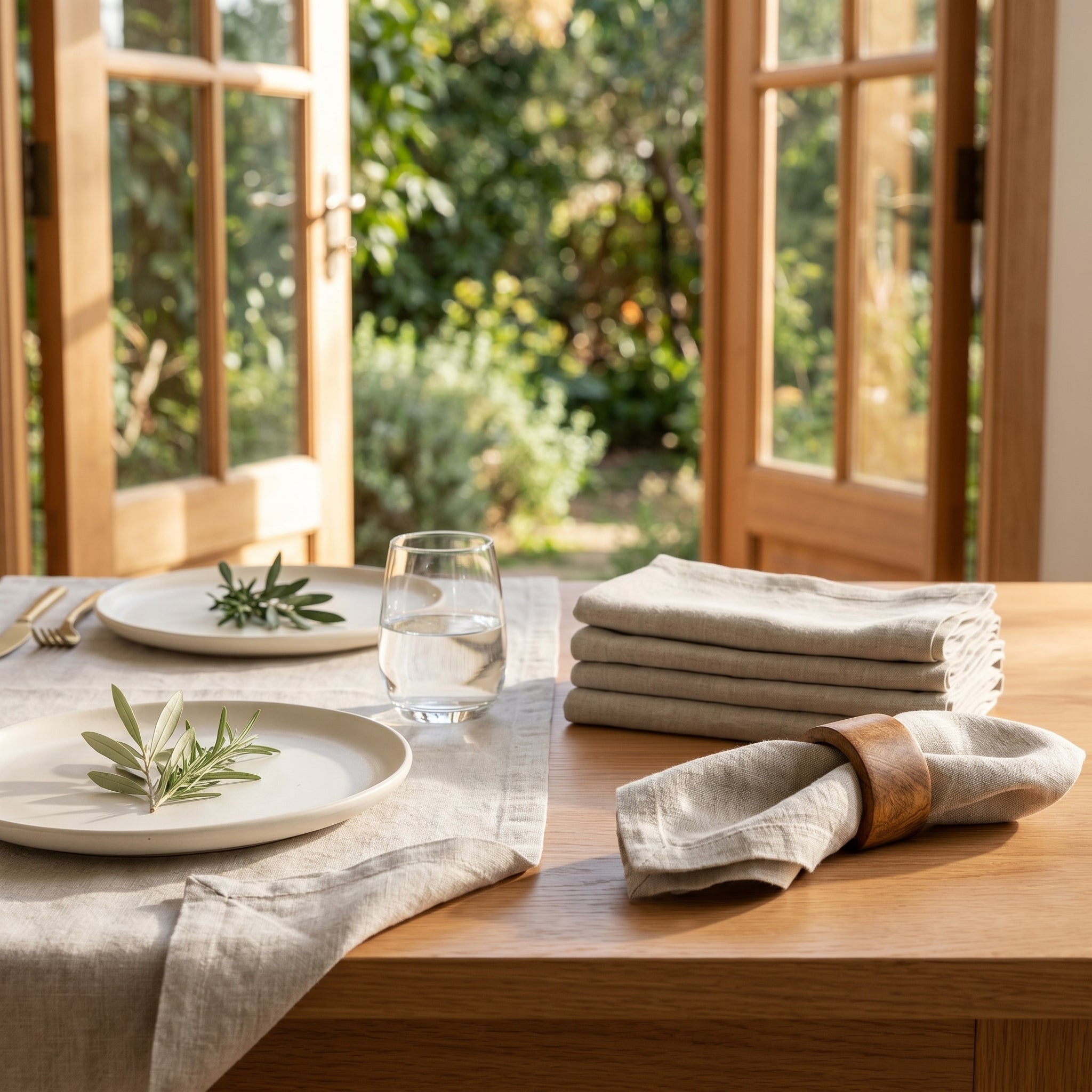 Set of four natural linen napkins from Sable Homeware, elegant table accessories for dining or special occasions.