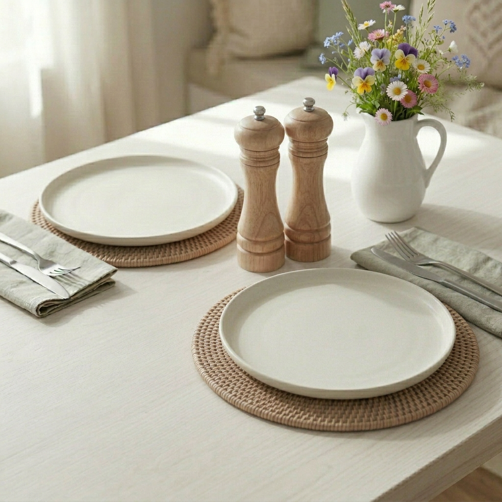 Set of two round rattan placemats by Sable Homeware, featuring natural woven rattan design for stylish table settings.