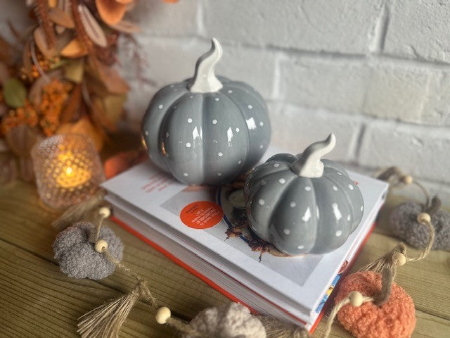 Set of 2 grey ceramic pumpkins with black spots, Halloween-themed decorative pumpkins by Sable Homeware.