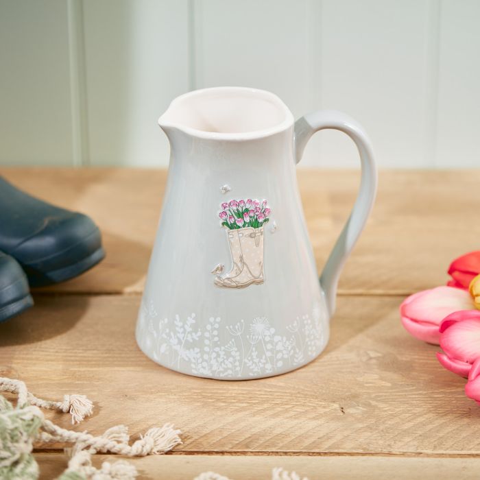 Shabbyquins grey ceramic jug with wellies and flowers design, decorative vase for floral arrangements or home decor.