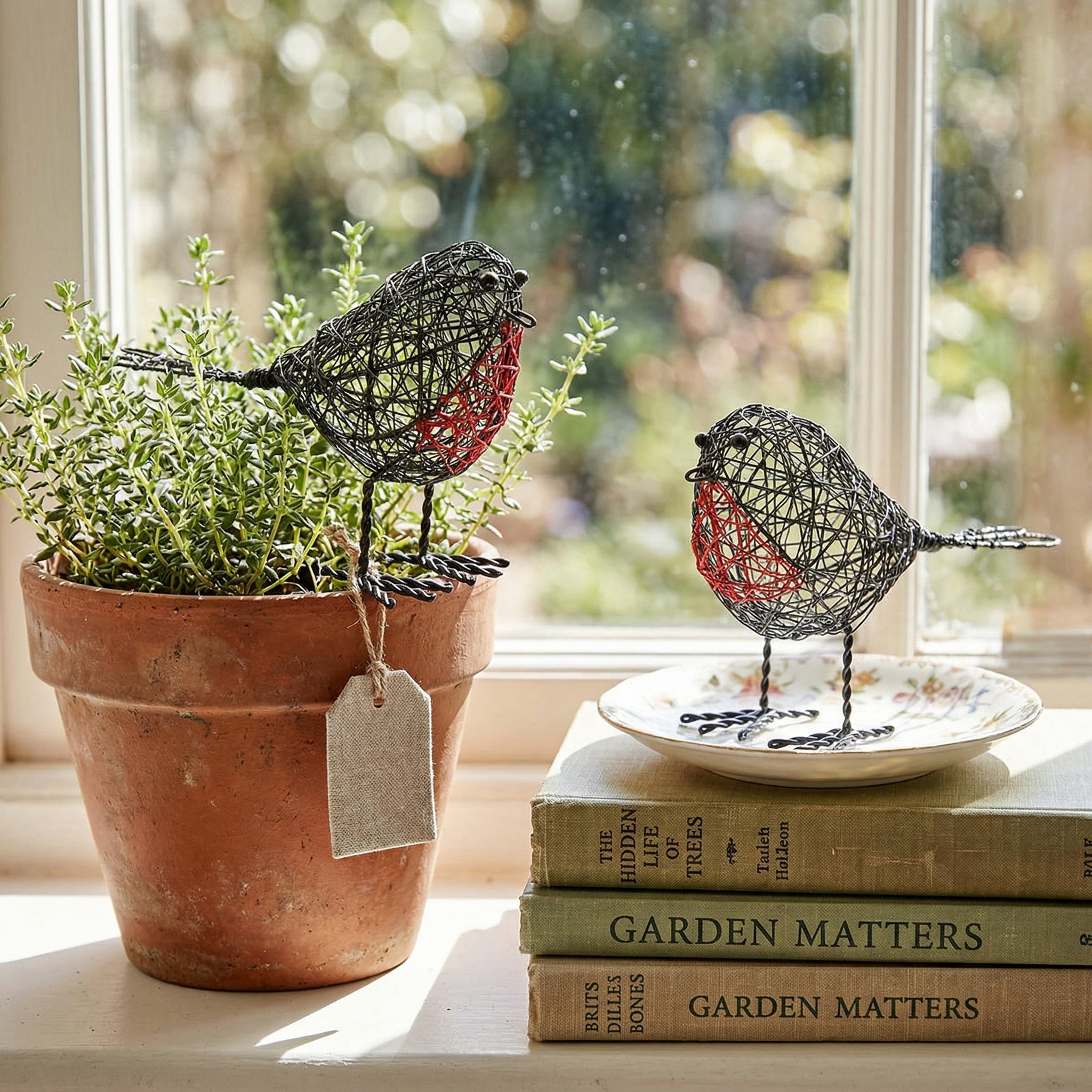 Set of two wire Robin garden ornaments by Sable Homeware, decorative metal bird figures for outdoor display.