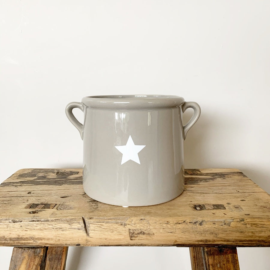 Sable Homeware grey ceramic planter with handles and white star design, ideal for indoor plants or decorative use.