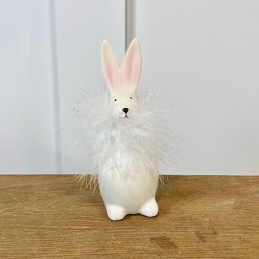 Set of 2 small ceramic rabbits with feathered necks by Shabbyquins, showcasing intricate details and a charming design.