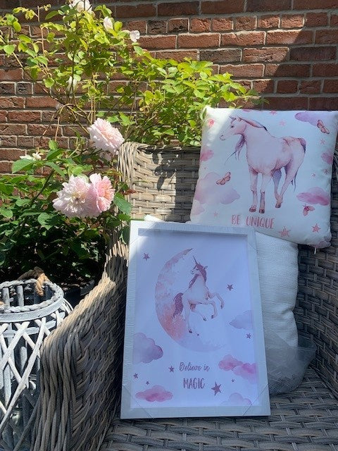 Shabbyquins Be Unique cushion with matching picture, soft fabric cushion featuring unique design and coordinated wall art.