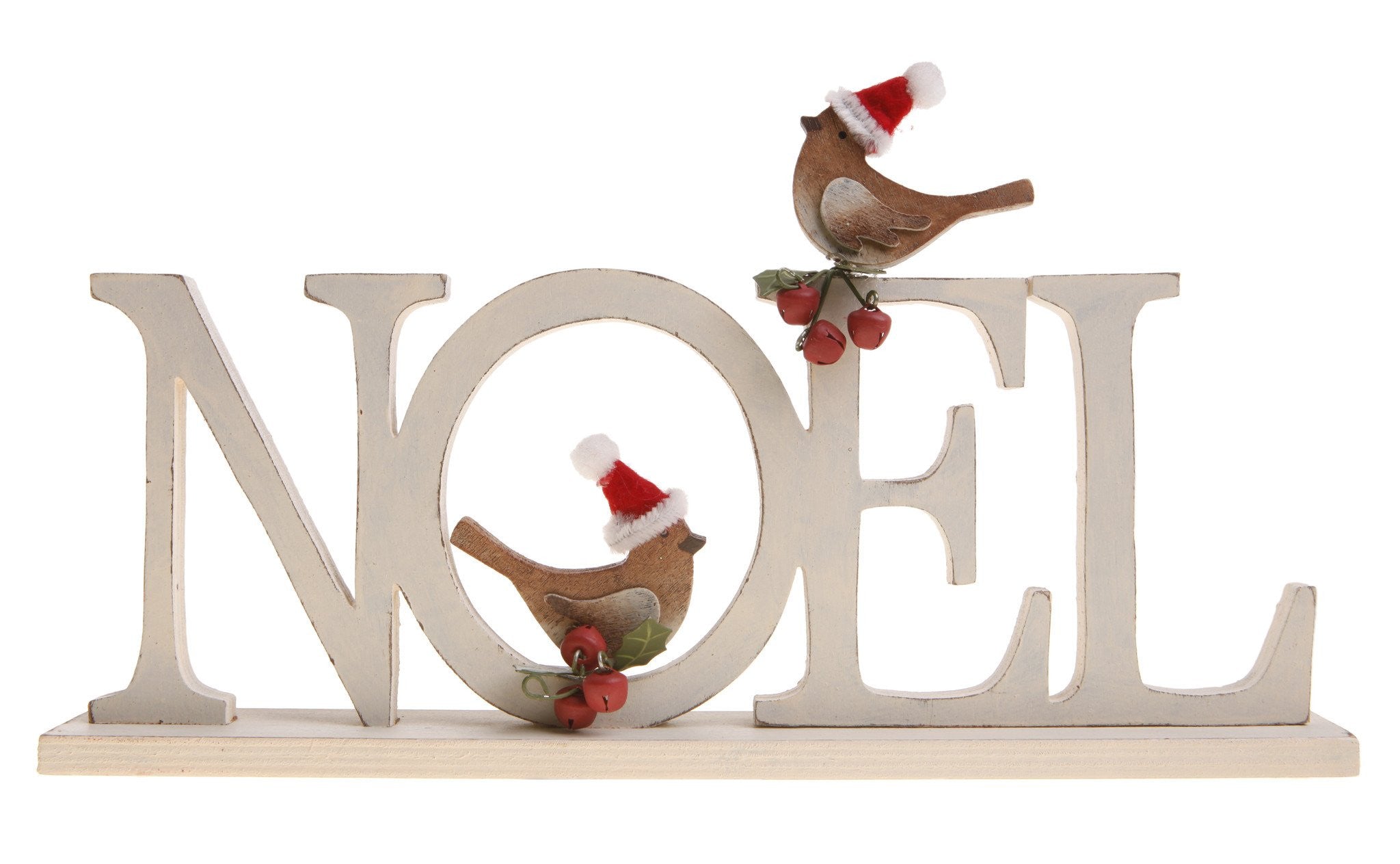 Standing Noel and Birds wooden decoration by Sable Homeware, white painted letters with bird and holly detail