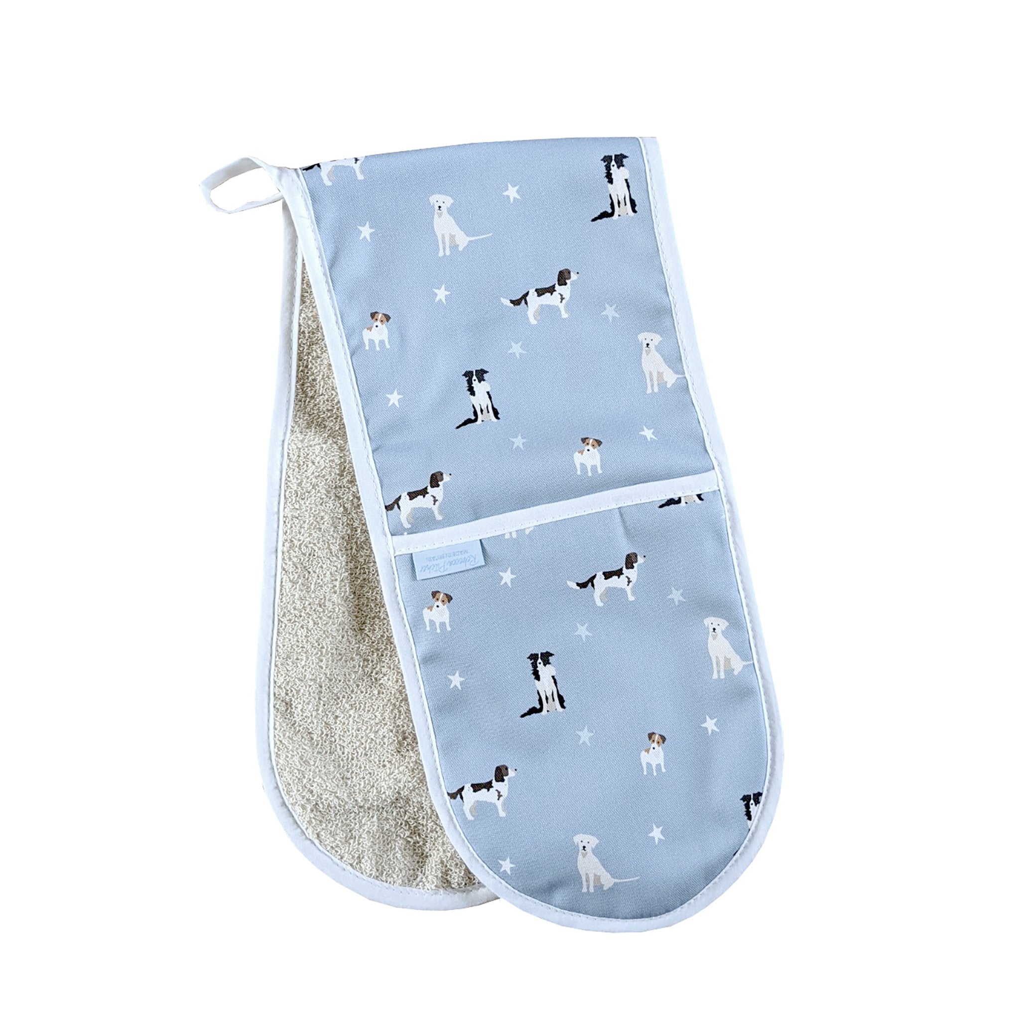 Rebecca Pitcher double oven glove by Sable Homeware featuring dog-themed designs for kitchen safety and style.
