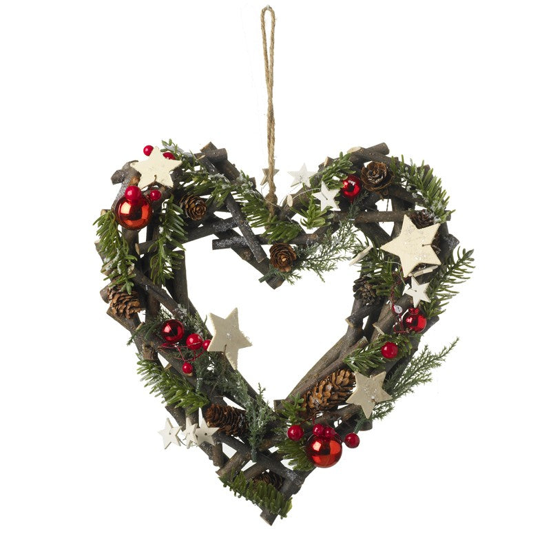 Red & Woodland White Stars Heart Wreath - Shabbyquins