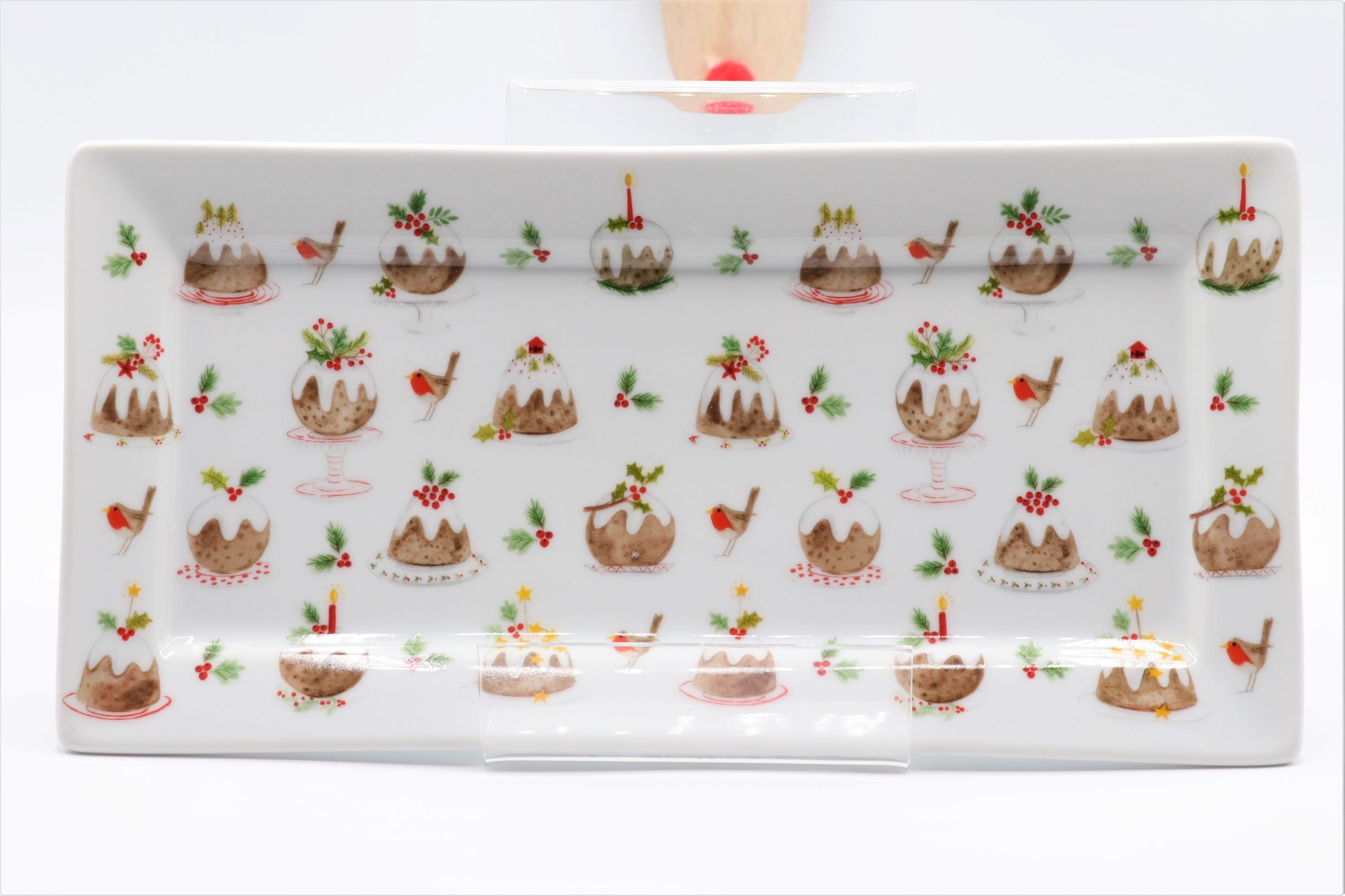 Bone China oblong plate by Sable Homeware featuring gingerbread men and plum pudding holiday design.