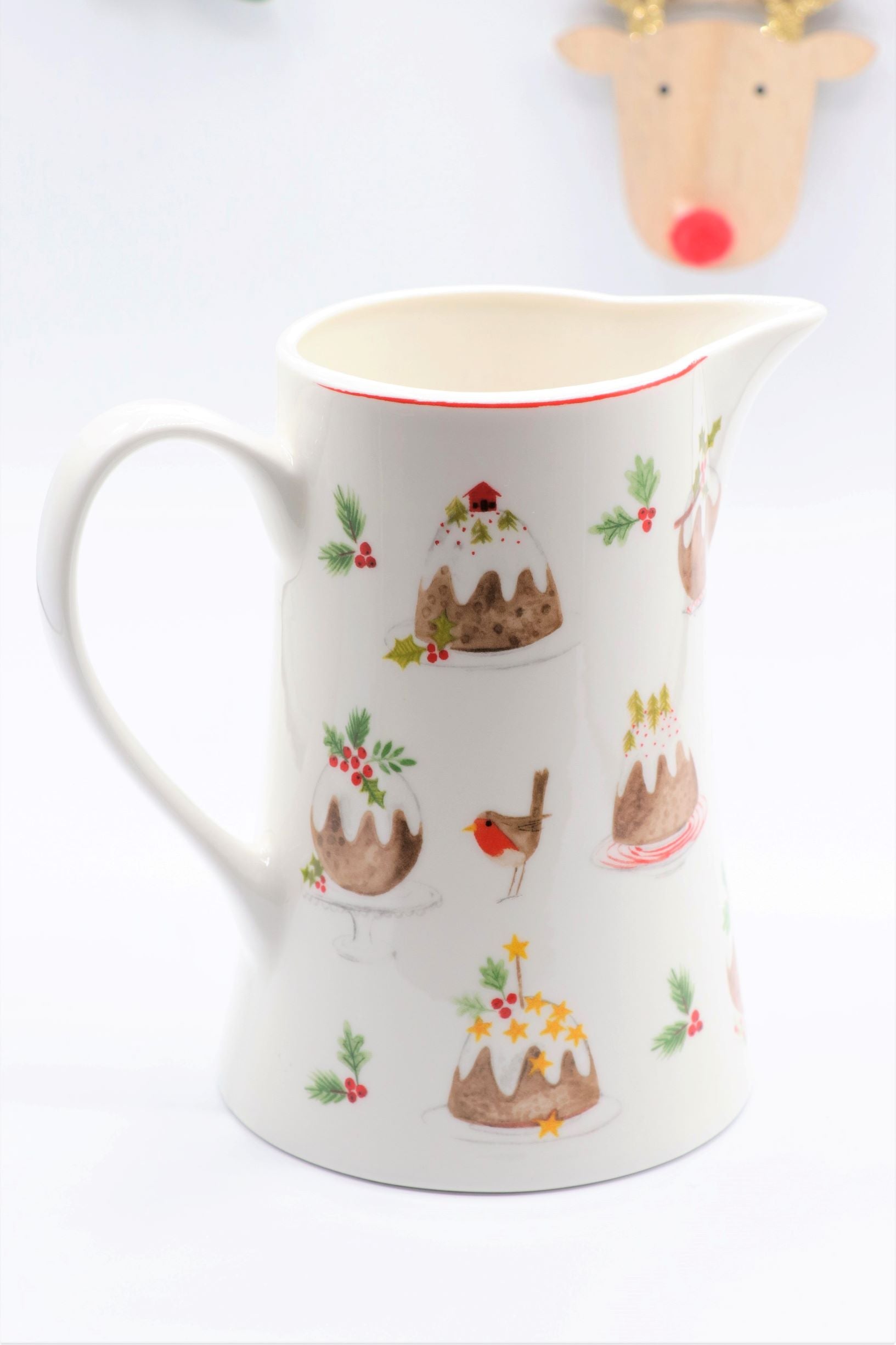 Shabbyquins festive bone china jug featuring gingerbread and plum pudding designs, perfect for holiday tableware.
