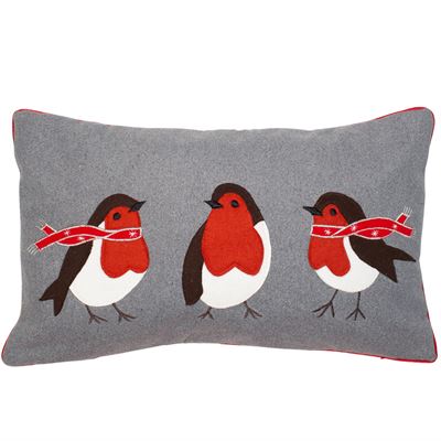 Robins Christmas Cushion by Sable Homeware, plush grey felt with three robin detail