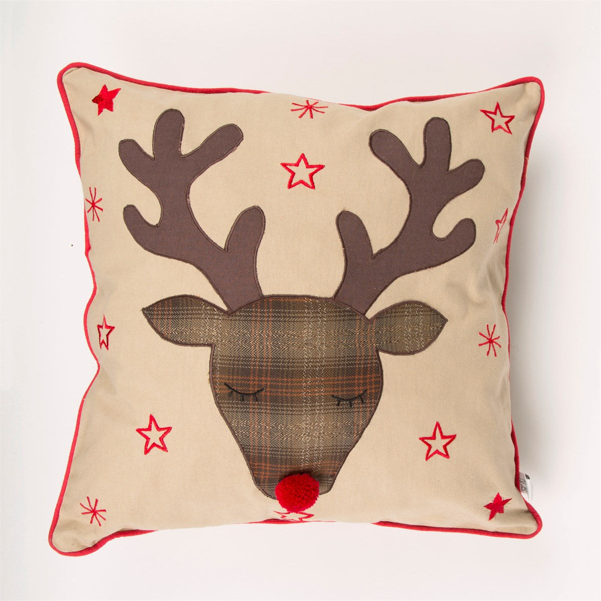 Rudi Reindeer Cushion by Sable Homeware in brown and beige cotton viscose, 45cm square