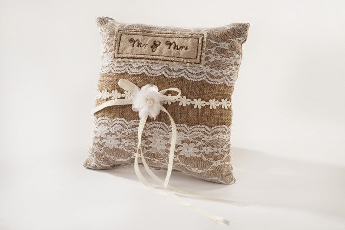 Shabbyquins Mr & Mrs wedding cushion with embroidered text and decorative design, perfect for wedding decor and bridal accessories.