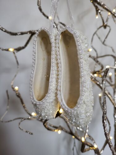White Beaded Ballet Shoes Tree Decoration - Shabbyquins