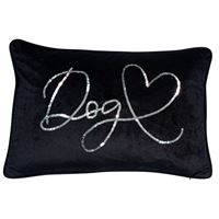 Black velvet Dog cushion by Sable Homeware with sequin writing and velvet piping