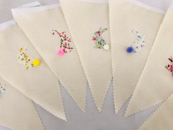 Colorful fabric Easter Bunny bunting from Shabbyquins, featuring two styles, perfect for festive spring or Easter decorations.
