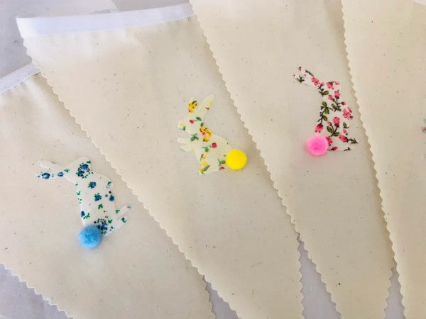 Colorful fabric Easter Bunny bunting from Sable Homeware with two styles, featuring cheerful bunny designs on lightweight fabric.
