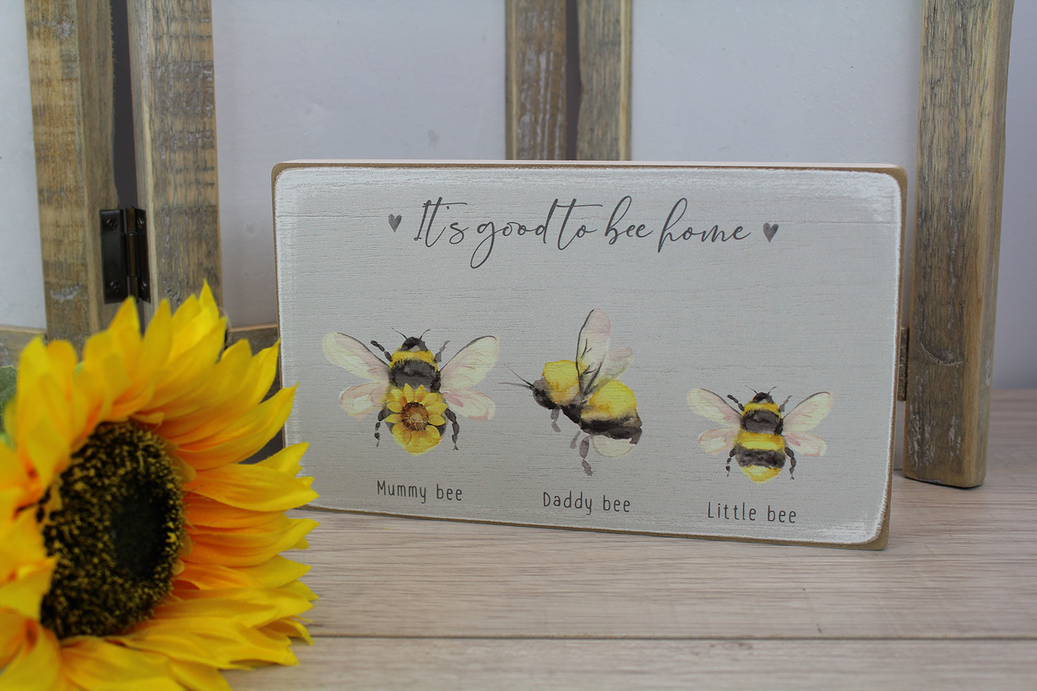 Sunflower and bee family block by Sable Homeware, decorative wooden home decor featuring a family of three with sunflower and bee motifs.