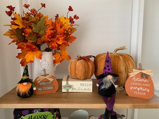 Orange velvet pumpkins decorative ornaments from Shabbyquins in two sizes, perfect for Halloween and fall decor.