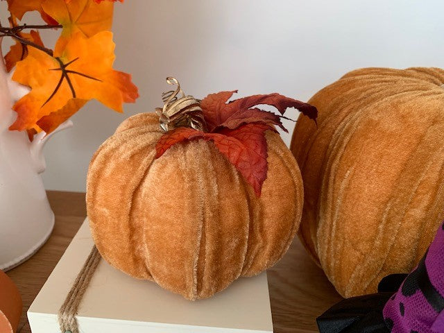 Orange velvet pumpkins decorative ornaments from Shabbyquins, available in two sizes for Halloween and fall decor.