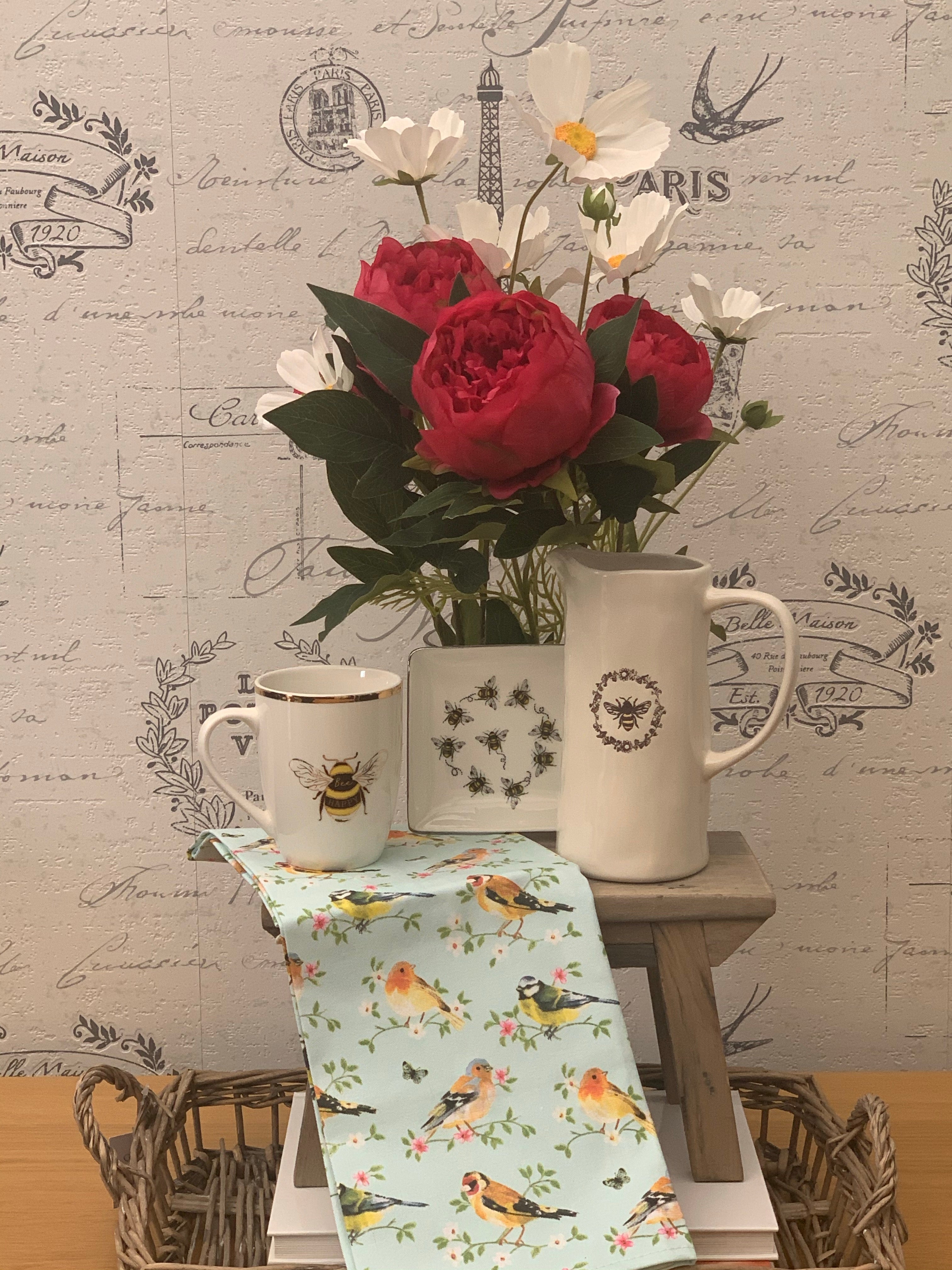 Birds & Blossom Tea Towel by Sable Homeware — machine washable, pastel blue bird and blossom design.