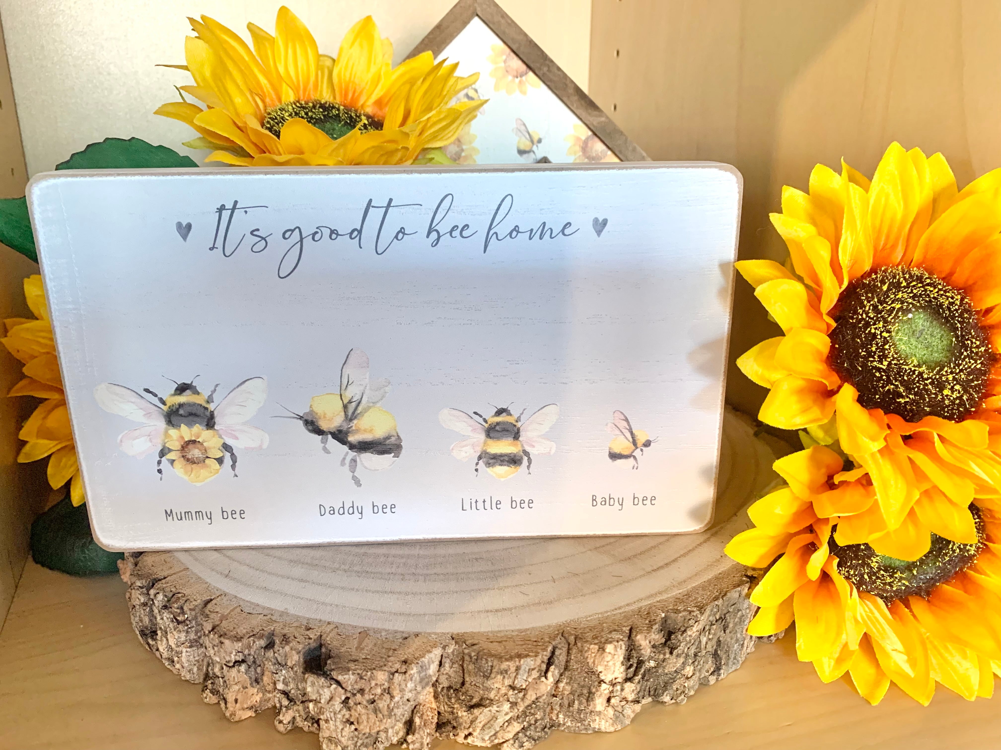 Sable Homeware sunflower and bee family decorative block, showcasing detailed painted design, available in two styles for home decor.