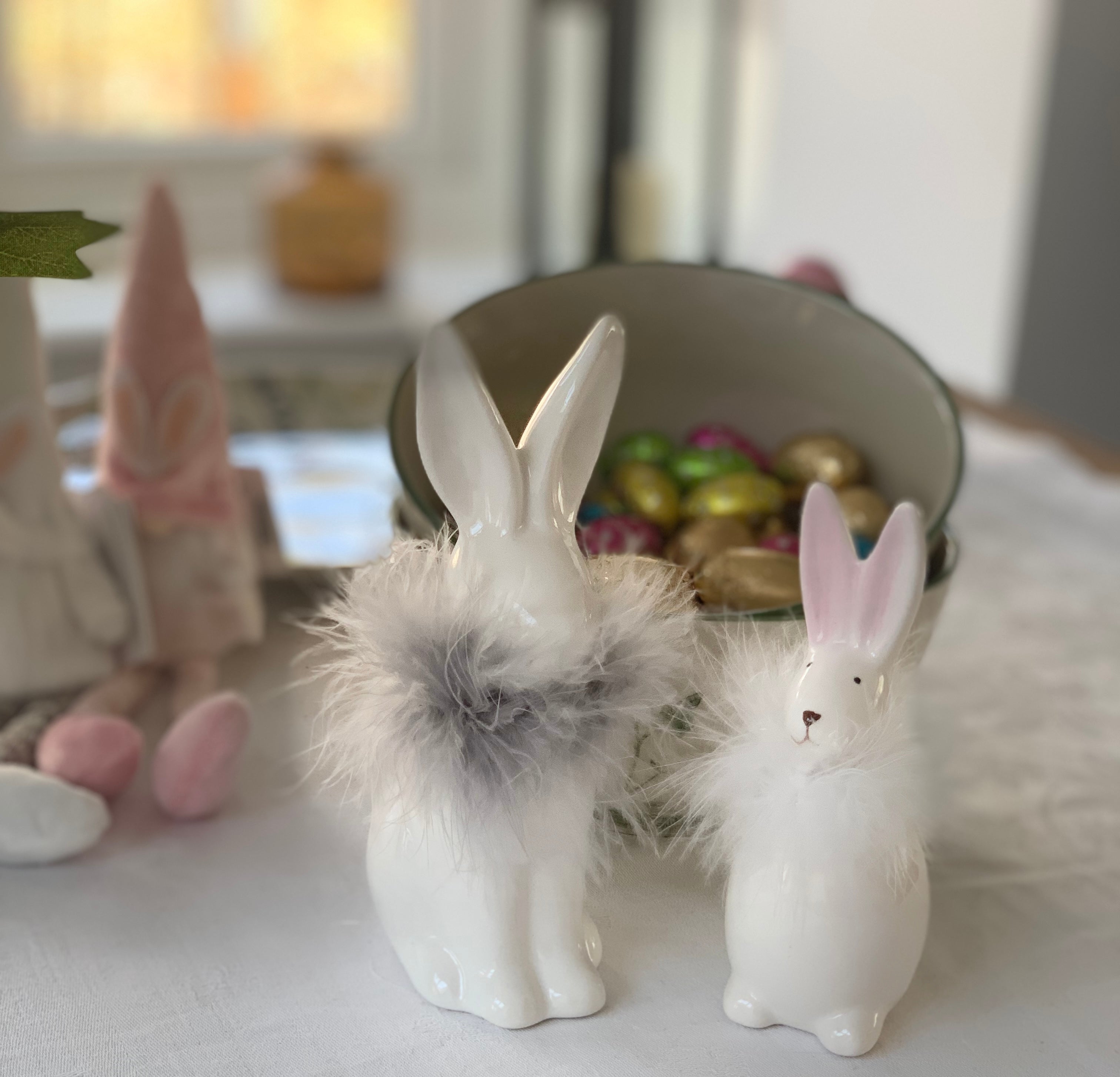 Set of 2 small ceramic rabbits with feathered necks by Shabbyquins, featuring detailed craftsmanship and a whimsical design.