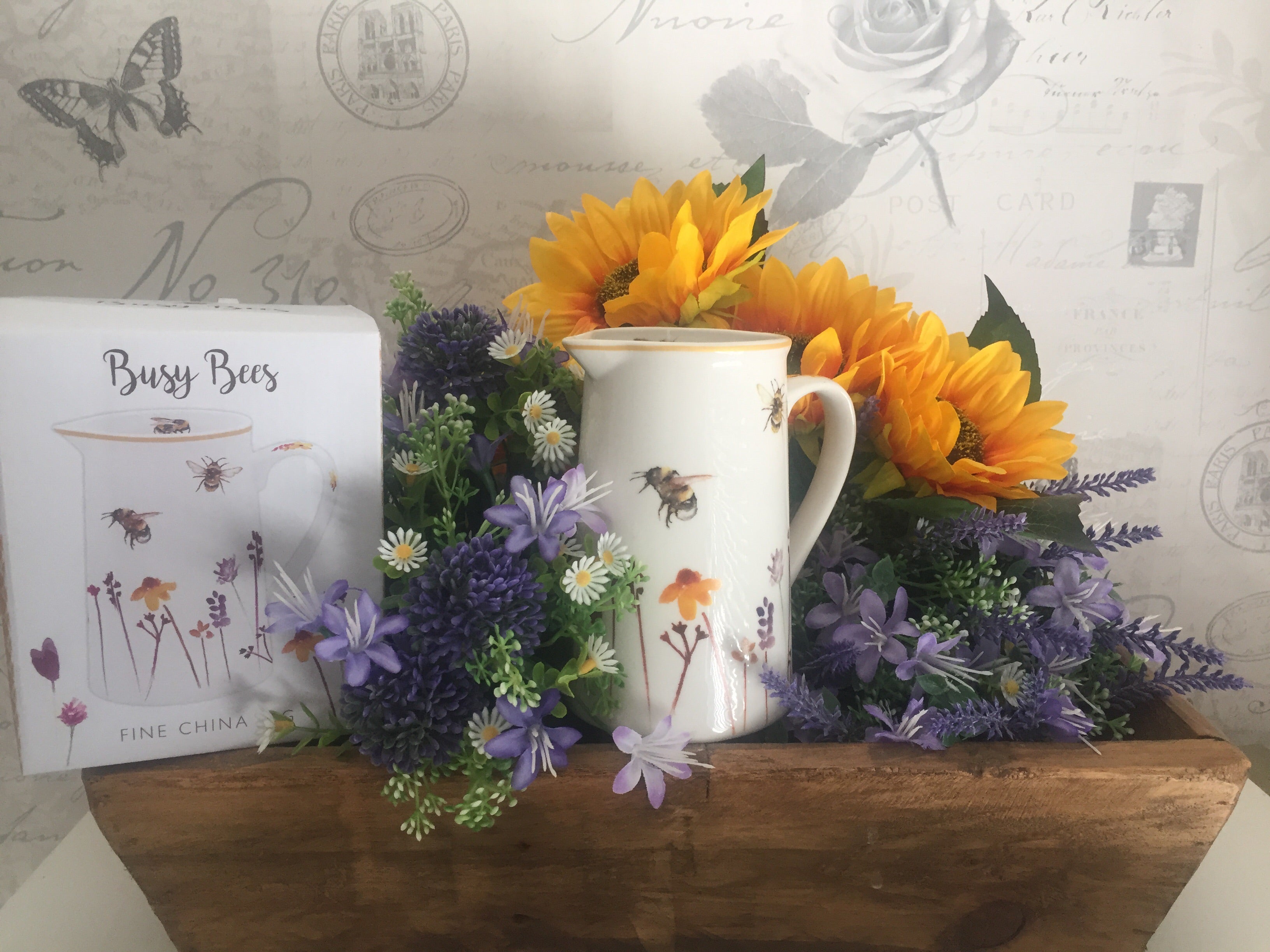 Small Busy Bees jug by Sable Homeware featuring colorful bee and flower illustrations on a ceramic jug.