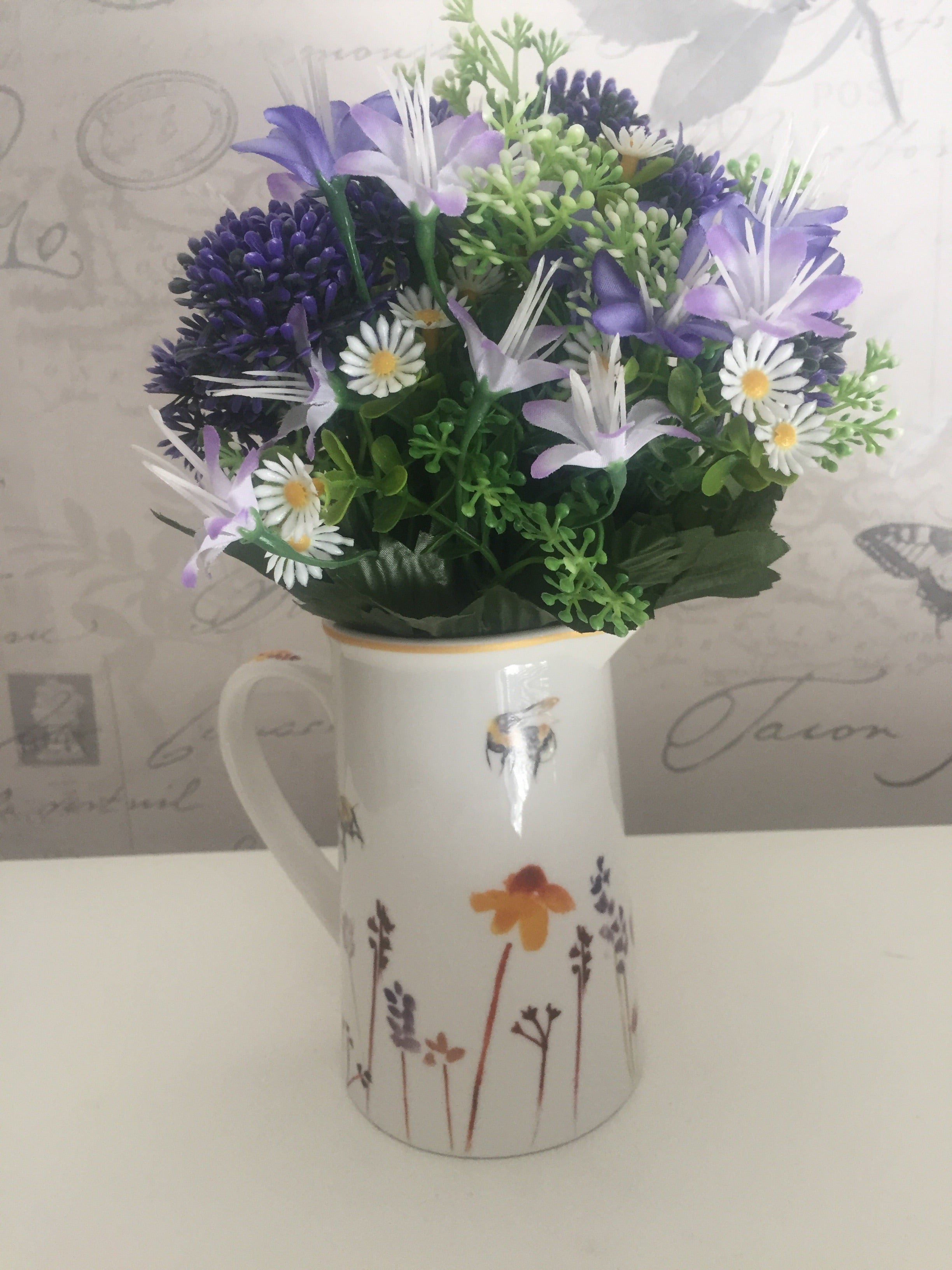 Shabbyquins Small Busy Bees jug mug with colorful bee and floral designs, ideal for garden or casual use.