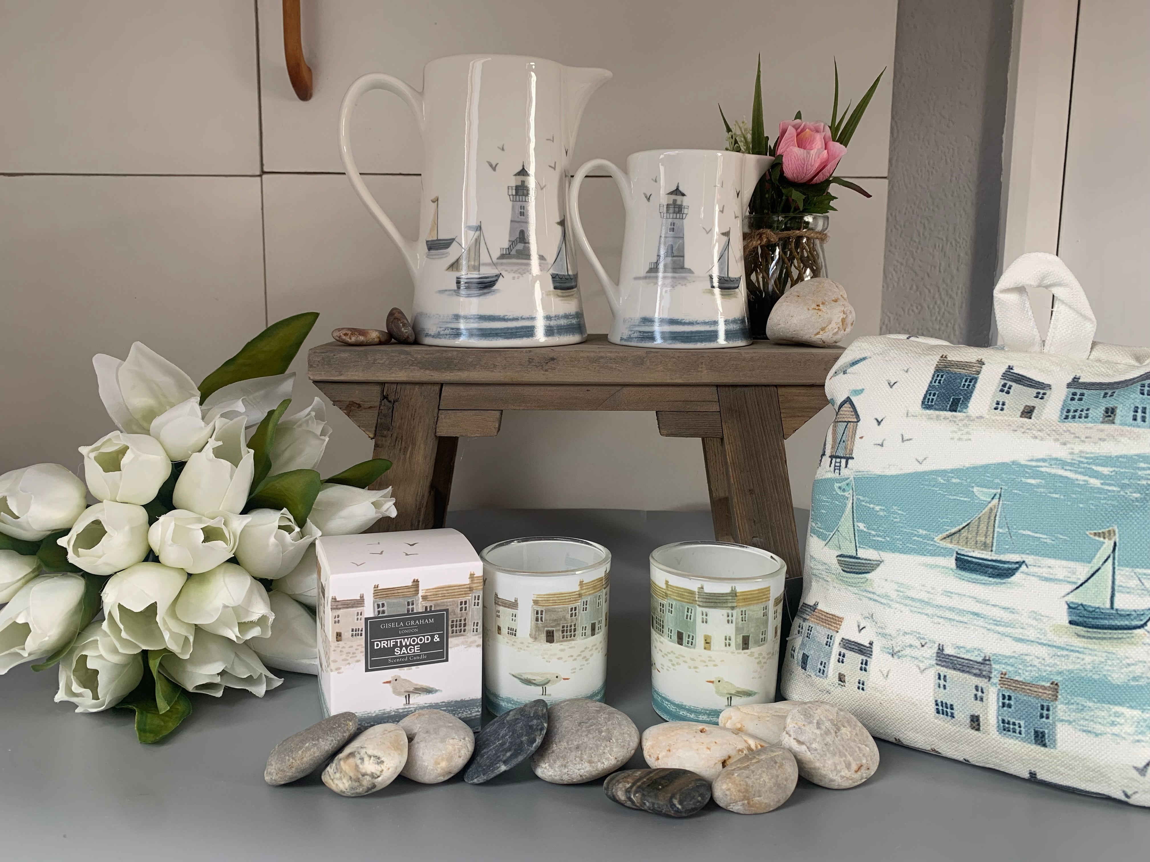 Ceramic driftwood and sage jug by Sable Homeware, side profile showing elegant curved handle and seaside-inspired design.