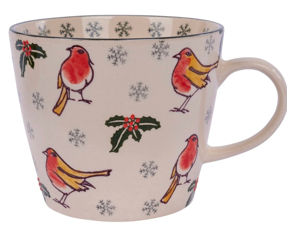 Shabbyquins Christmas Robin & Holly mug featuring a festive robin bird and holly leaves design on a ceramic mug.