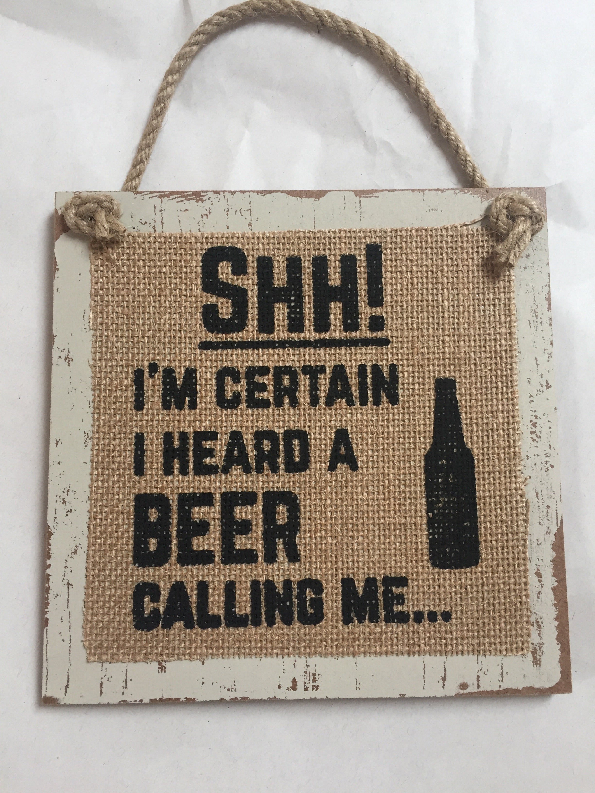 Wooden men's Hessian plaques from Shabbyquins, wall and hanging decorations with four available designs, featuring rustic hessian accents.