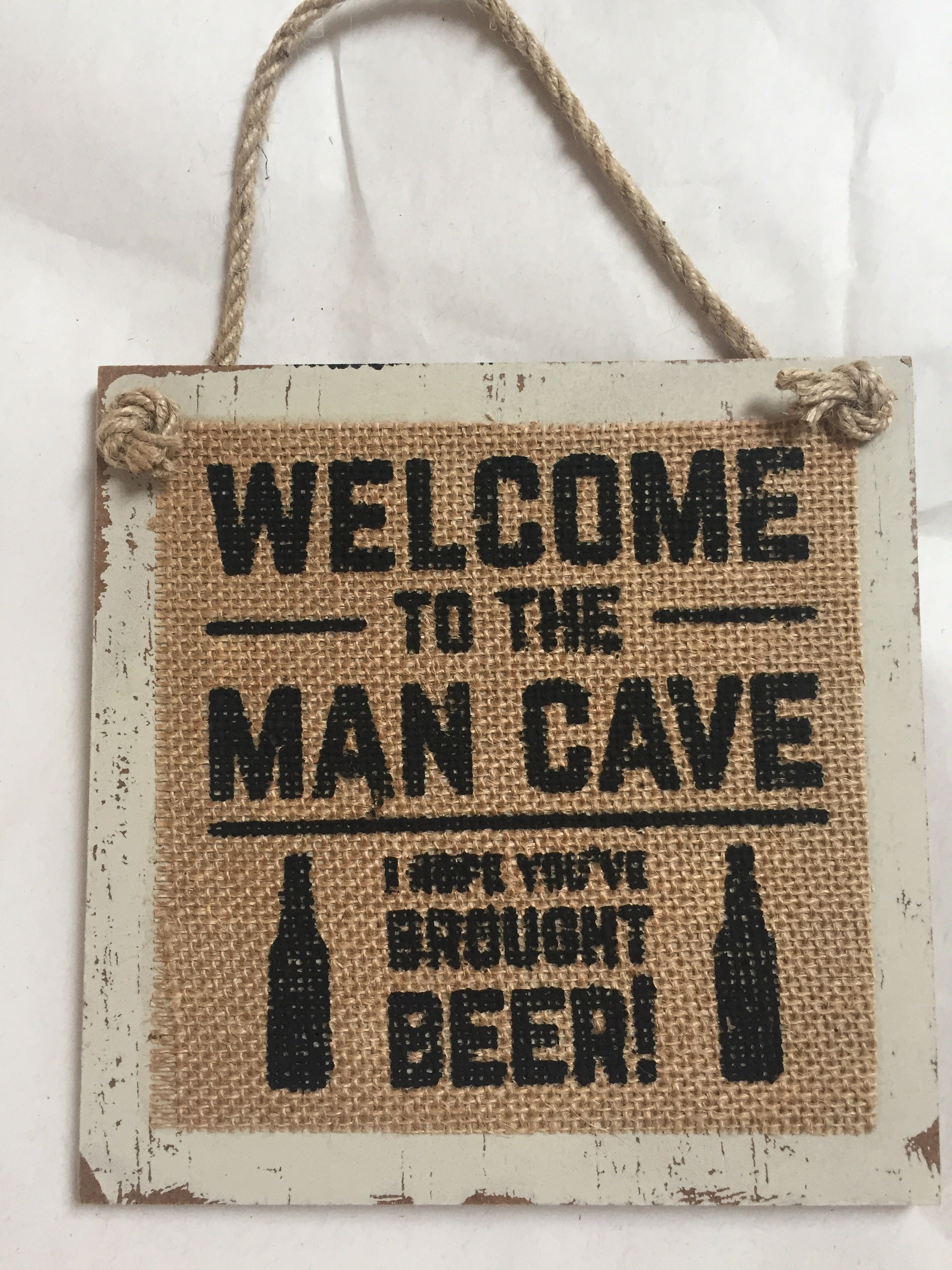 Wooden men's hessian plaques from Shabbyquins, wall and hanging decoration with four available designs, featuring rustic wood and hessian details.