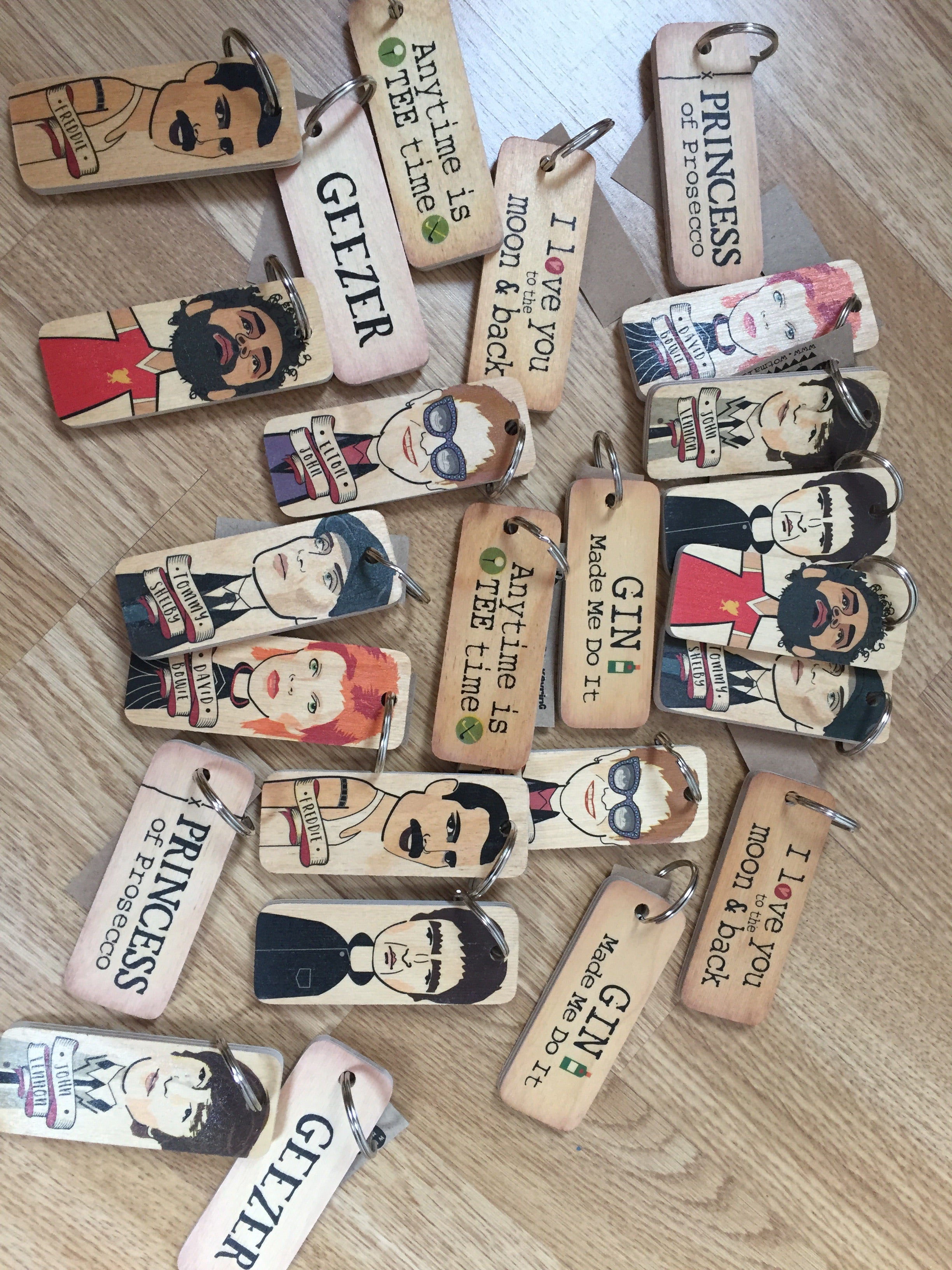 Handmade chunky wooden keyring with Shabbyquins branding, featuring a natural wooden finish and sturdy metal keyring attachment.