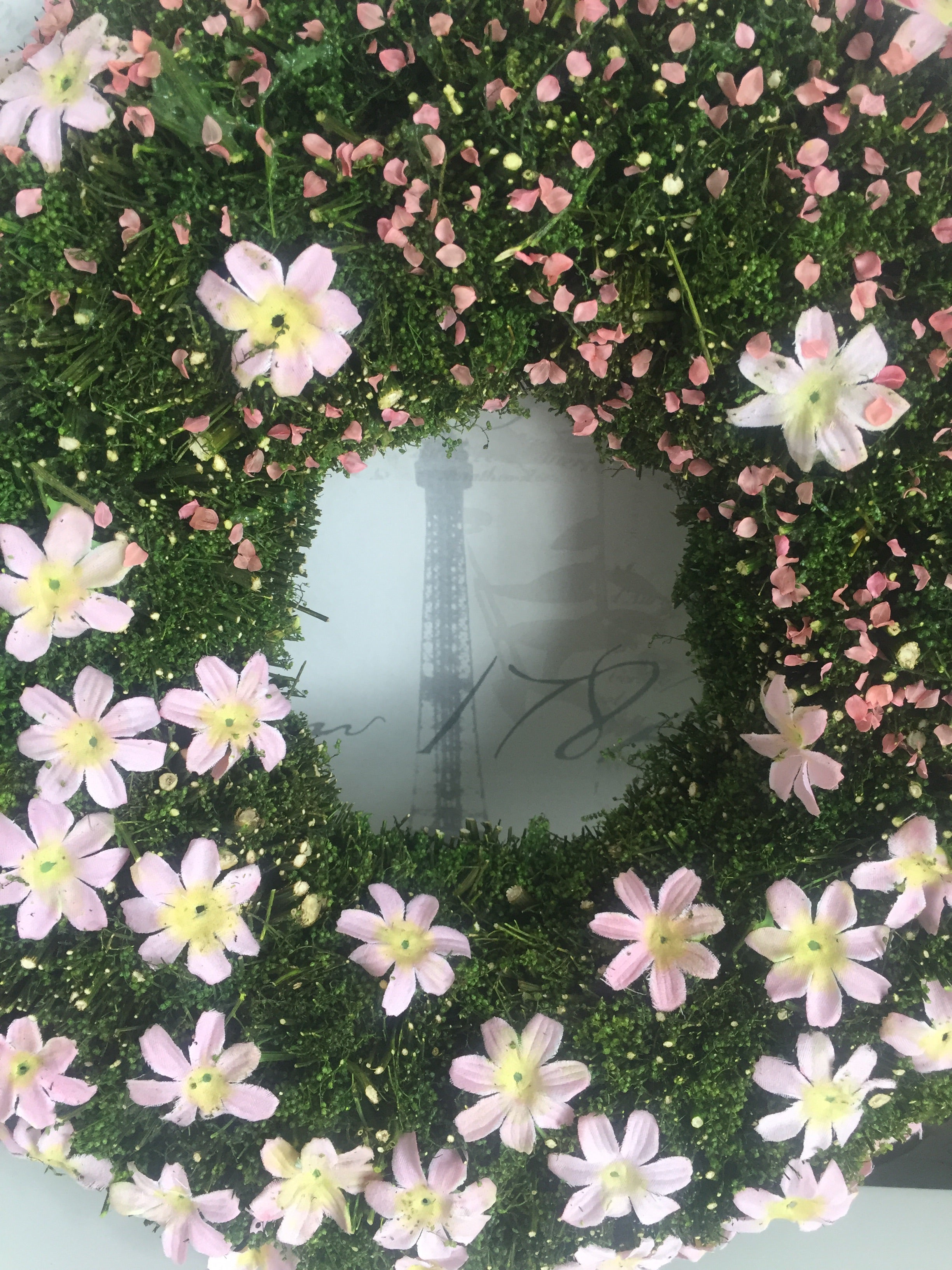 Shabbyquins Easter floral mossy wreath hanging decoration with vibrant spring flowers and greenery for wall display