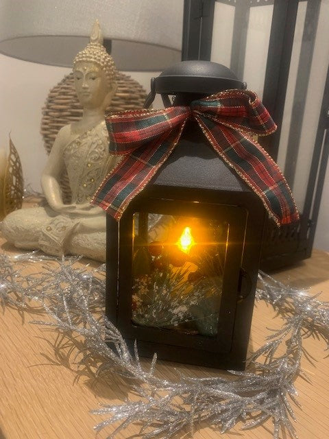 Sable Homeware cozy winter lantern with warm glow, decorative metal frame, perfect for indoor or outdoor winter decor.