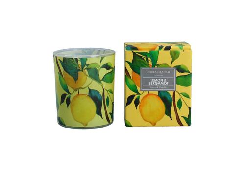 Boxed lemon and bergamot scented candle by Sable Homeware, featuring a clear glass jar with a lemon and bergamot design.