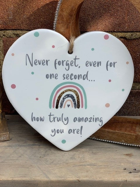 Colorful ceramic rainbow heart plaque by Sable Homeware, decorative sign with vibrant rainbow design and smooth ceramic finish.