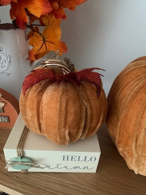 Small orange velvet pumpkin decorative ornament by Shabbyquins, featuring soft fabric and charming autumn-inspired design.