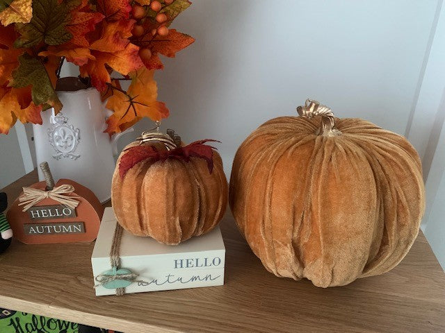 Orange velvet pumpkins decorative ornaments from Shabbyquins, featuring two different sizes for seasonal or home decor.