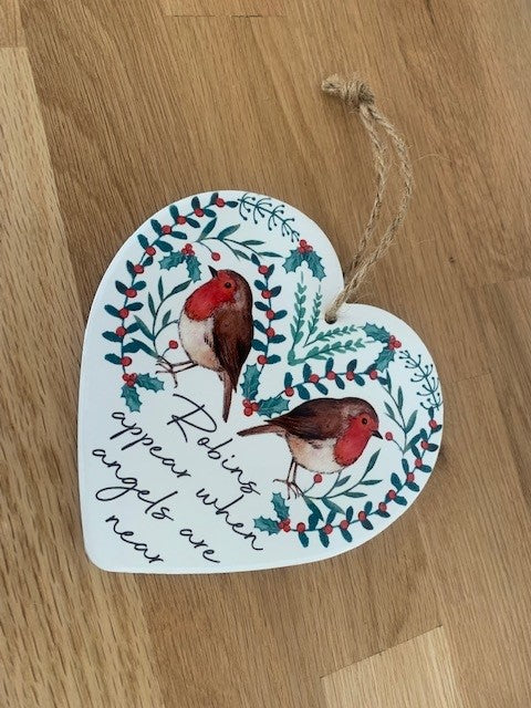 Ceramic Robin Heart by Sable Homeware — Robins appear when angels are near wording, ribbon for hanging included.