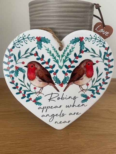 Ceramic Robin Heart by Sable Homeware — white ceramic hanging heart with robin and holly design, Christmas keepsake.