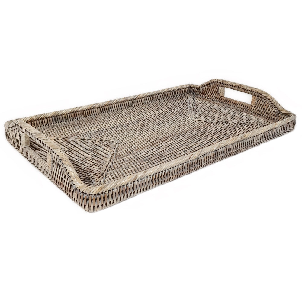 Large grey rattan oblong morning tray by Sable Homeware, featuring a stylish woven design for serving and decor.