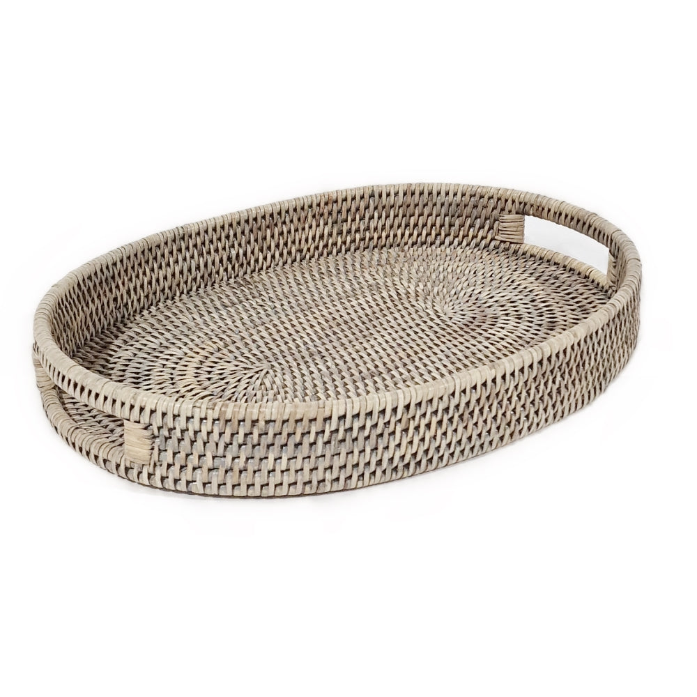 Oval grey rattan drinks tray with finger-hole handles and a low woven rim, 37 x 26cm