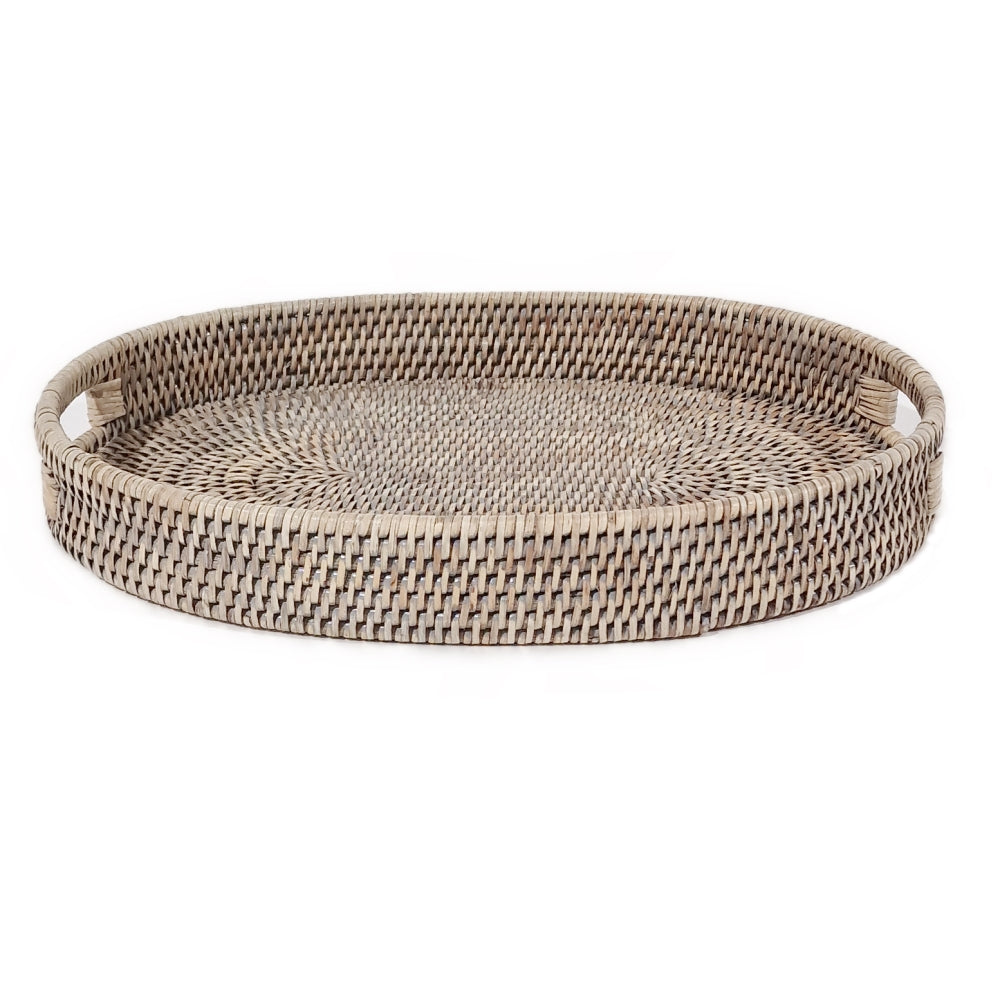 Woven grey rattan oval tray with a low rim and cut-out handles for carrying drinks